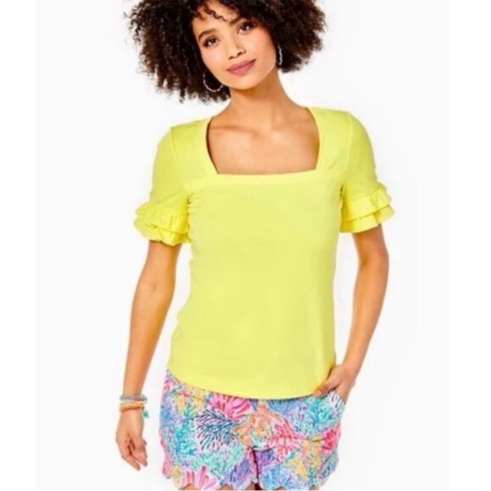 Lilly Pulitzer Lemon Square-Neck Ruffle Sleeve Top